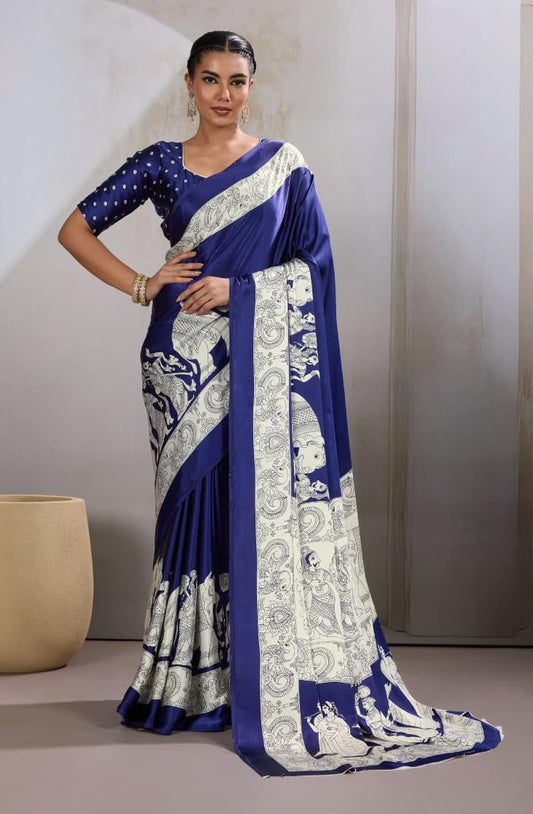 Blue Crepe Silk Readymade/Easy Saree