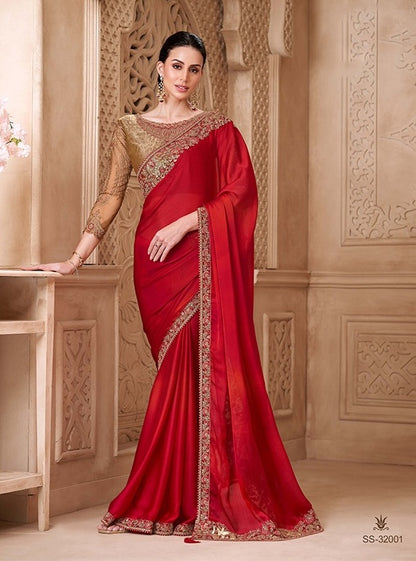 Red Cocktail Party Wear Readymade Saree