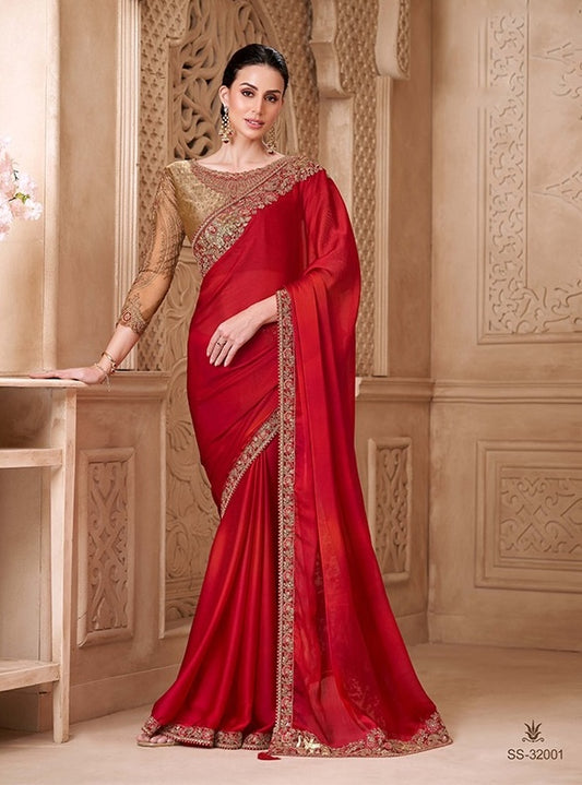 Red Cocktail Party Wear Readymade Saree
