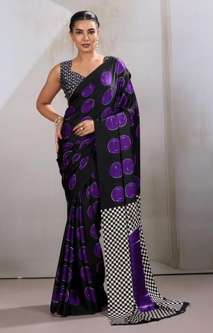 Violet & Black Readymade Crepe Silk Saree