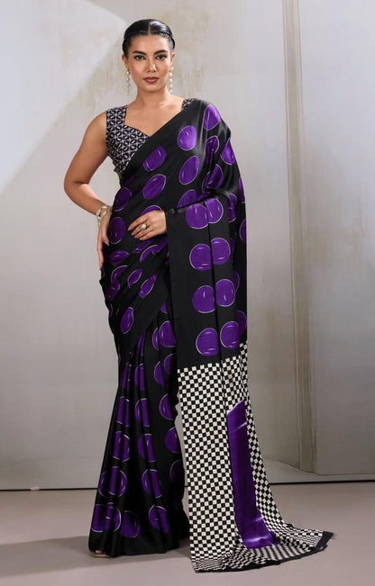 Violet & Black Readymade Crepe Silk Saree