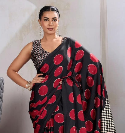 Red & Black Readymade Crepe Silk Saree