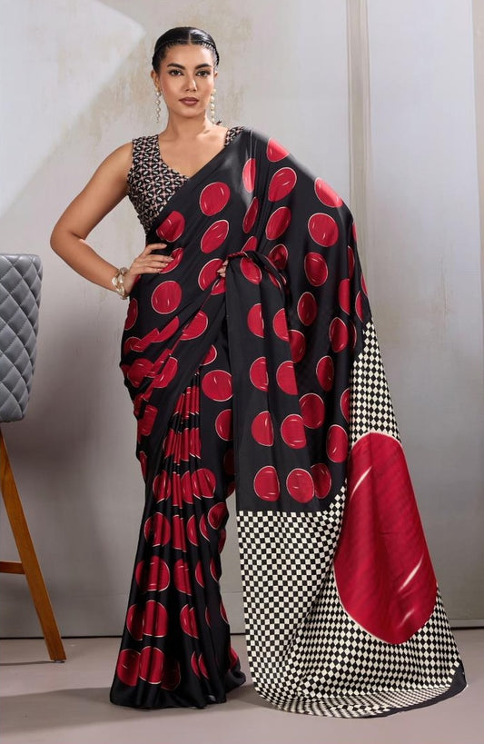 Red & Black Readymade Crepe Silk Saree