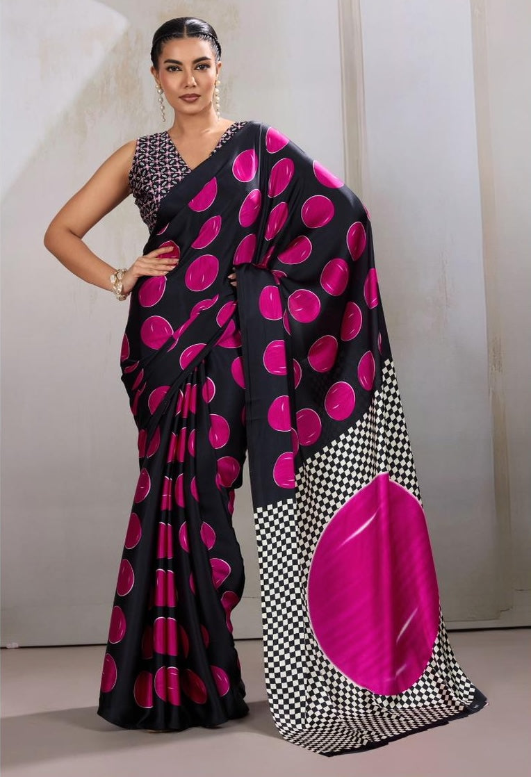 Pink & Black Readymade Crepe Silk Saree