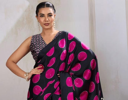 Pink & Black Readymade Crepe Silk Saree