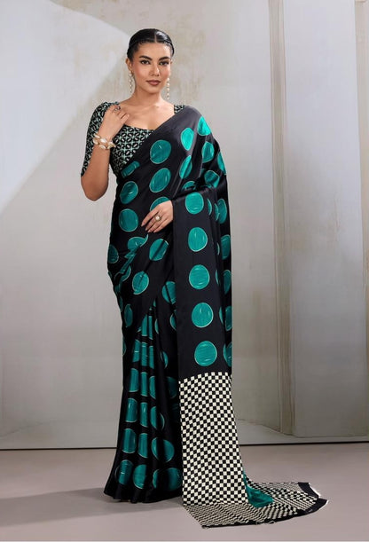 Sea Green & Black Readymade Crepe Silk Saree