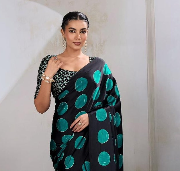 Sea Green & Black Readymade Crepe Silk Saree