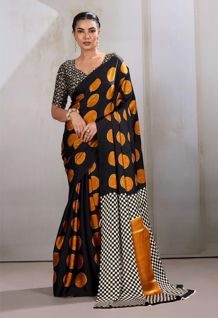 Orange & Black Readymade Crepe Silk Saree