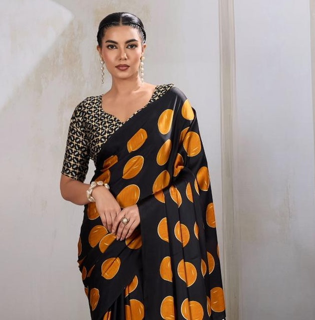 Orange & Black Readymade Crepe Silk Saree