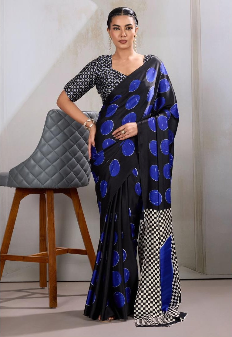 Blue & Black Readymade Crepe Silk Saree