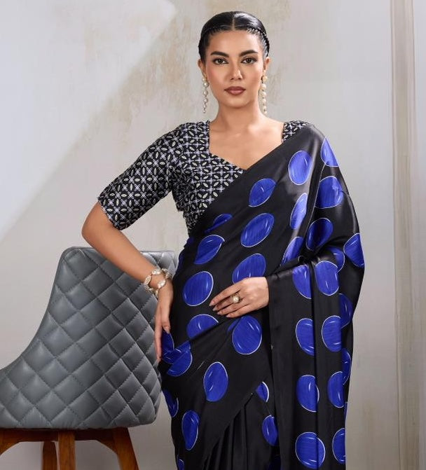 Blue & Black Readymade Crepe Silk Saree