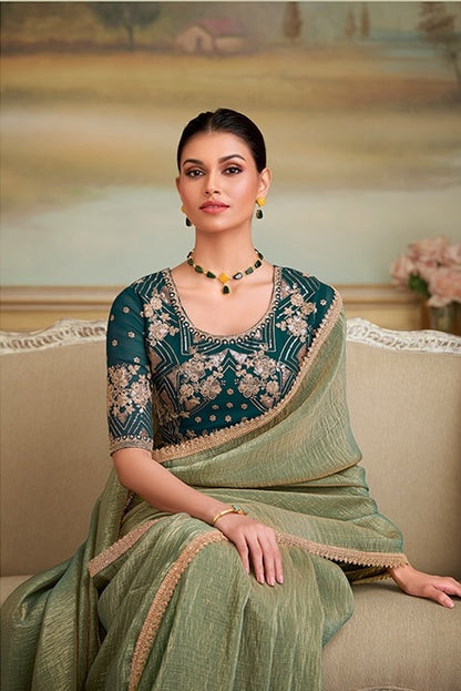 Green Cocktail Party Wear Readymade Saree