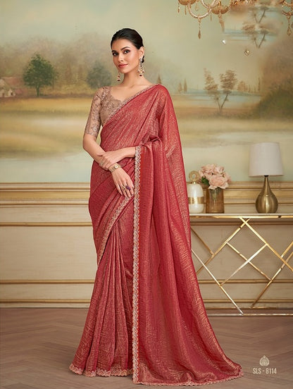 Brick Red Cocktail Party Wear Readymade Saree
