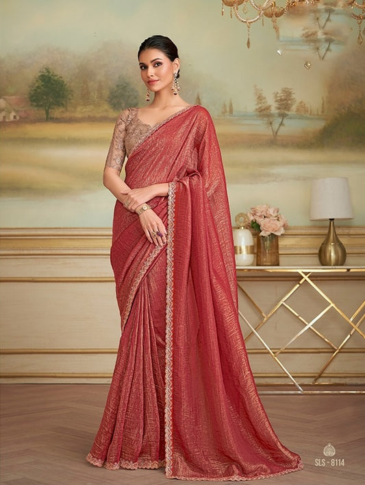 Brick Red Cocktail Party Wear Readymade Saree