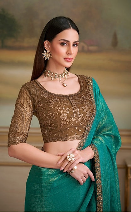 Teal Green Cocktail Party Wear Readymade Saree