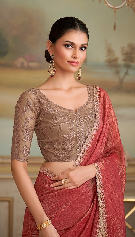 Brick Red Cocktail Party Wear Readymade Saree