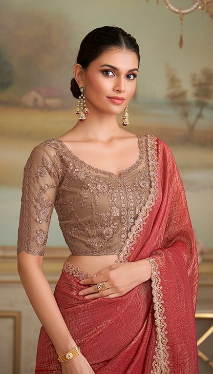 Brick Red Cocktail Party Wear Readymade Saree