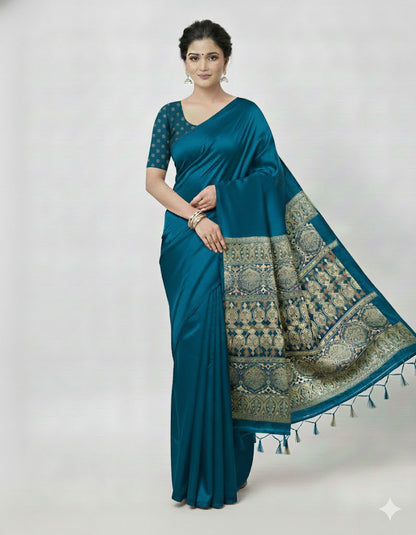 Blue Crepe Silk Readymade/Easy Saree