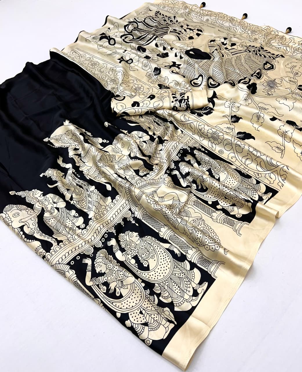 Black & Beige Crepe Silk Ready To Wear/Easy Saree