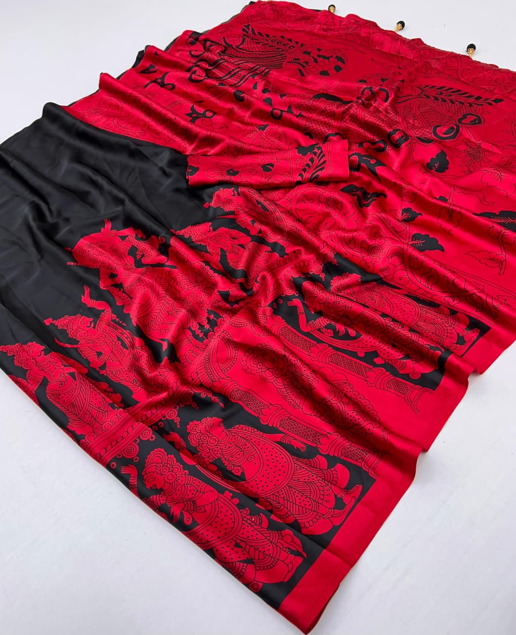 Black & Red Crepe Silk Ready To Wear/Easy Saree