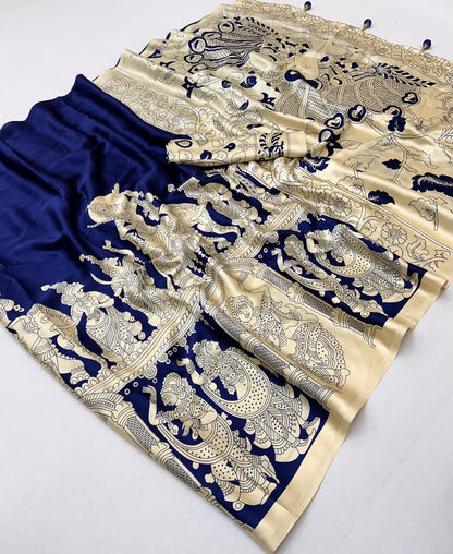 Navy Blue & Beige Crepe Silk Ready To Wear/Easy Saree