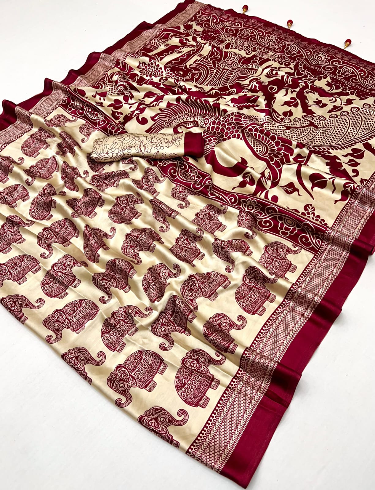 Beige & Maroon Crepe Silk Ready To Wear/Easy Saree