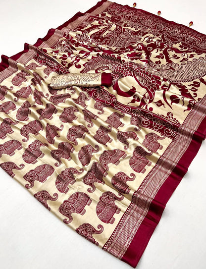 Beige & Maroon Crepe Silk Ready To Wear/Easy Saree