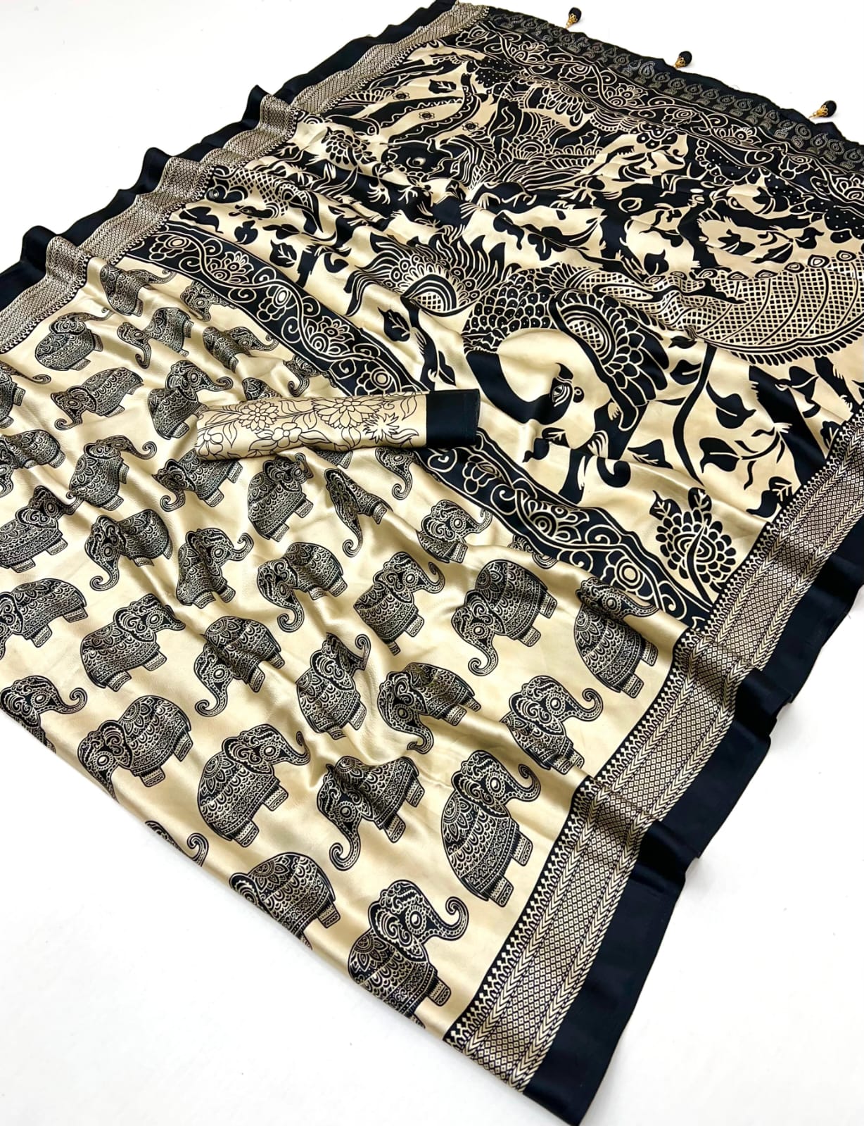 Beige & Black Crepe Silk Ready To Wear/Easy Saree