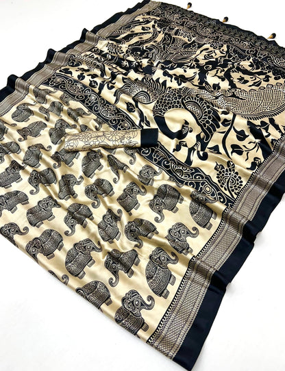 Beige & Black Crepe Silk Ready To Wear/Easy Saree