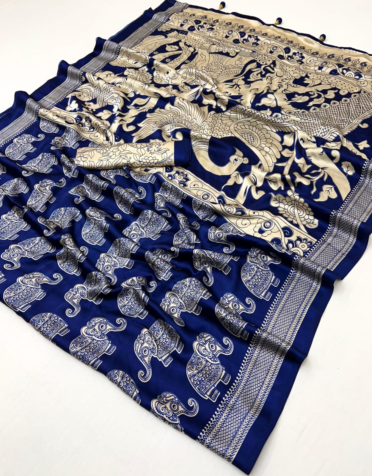 Navy Blue & Beige Crepe Silk Ready To Wear/Easy Saree