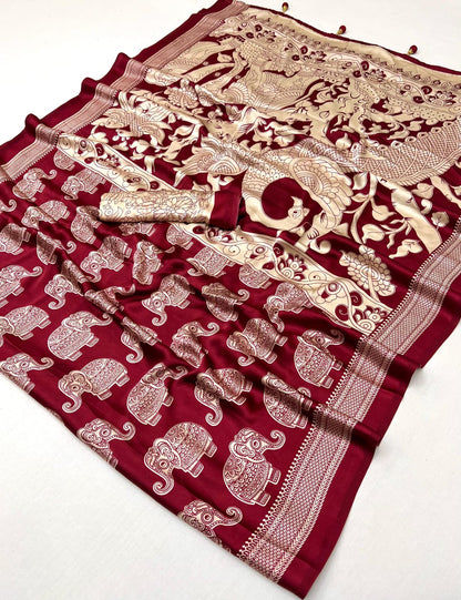Maroon & Beige Crepe Silk Ready To Wear/Easy Saree