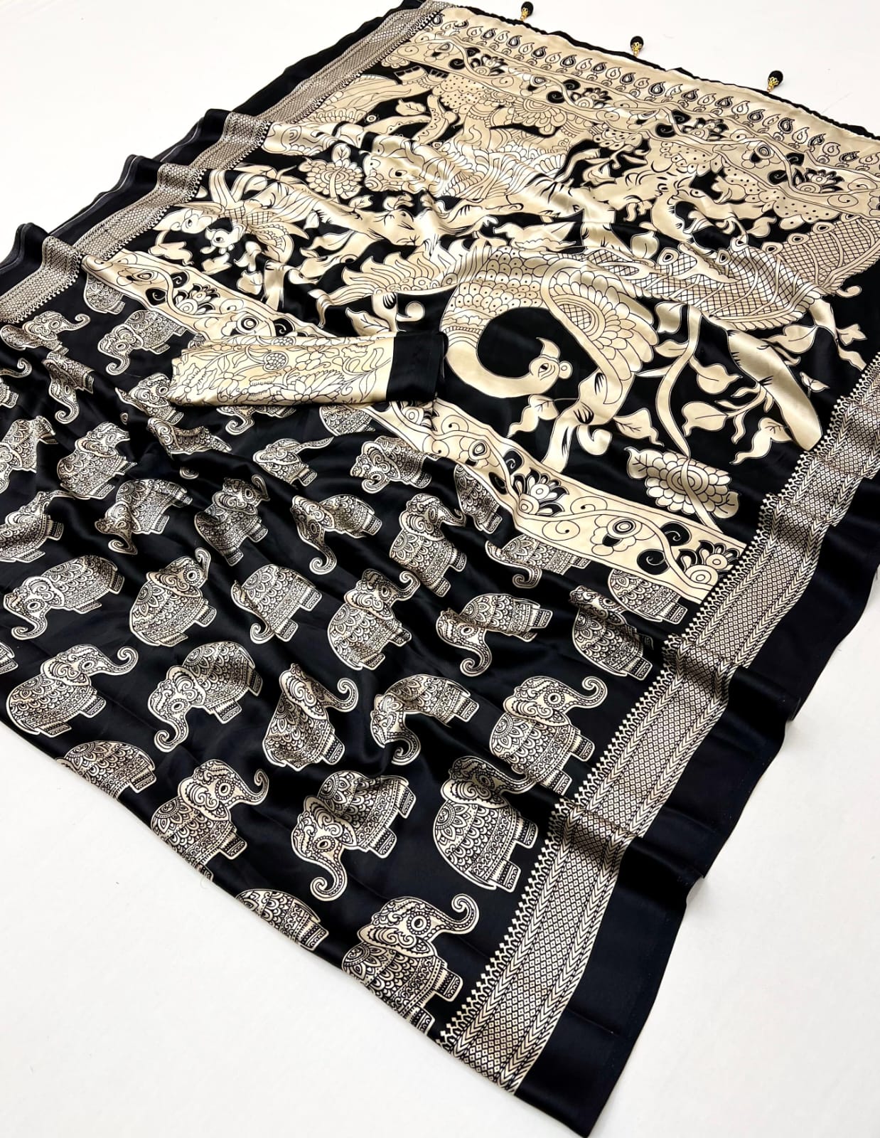 Black & Beige Crepe Silk Ready To Wear/Easy Saree