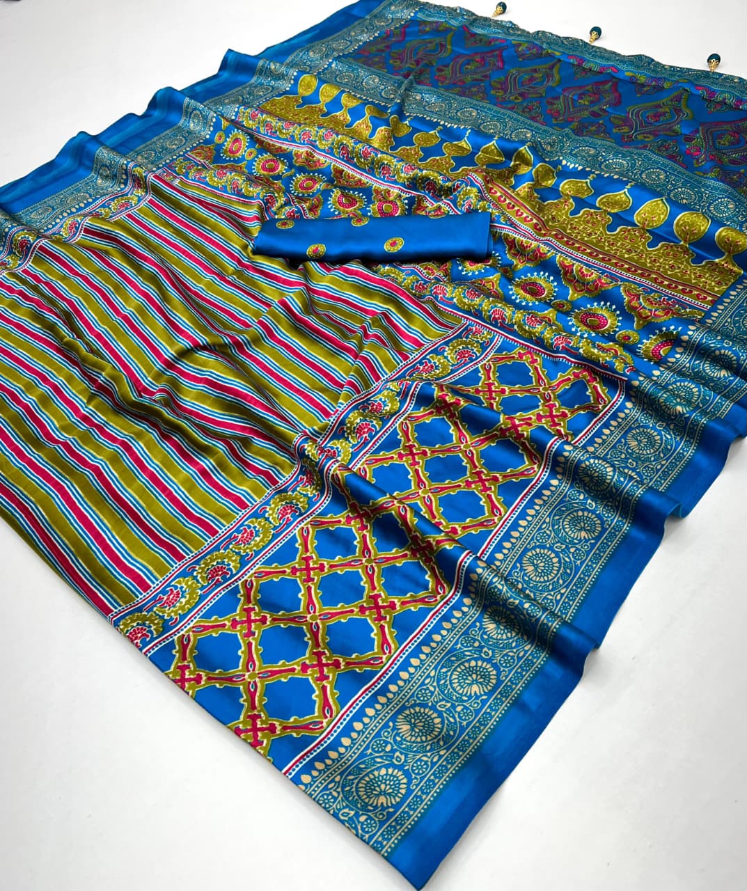 Teal Stripe Crepe Silk Ready To Wear/Easy Saree