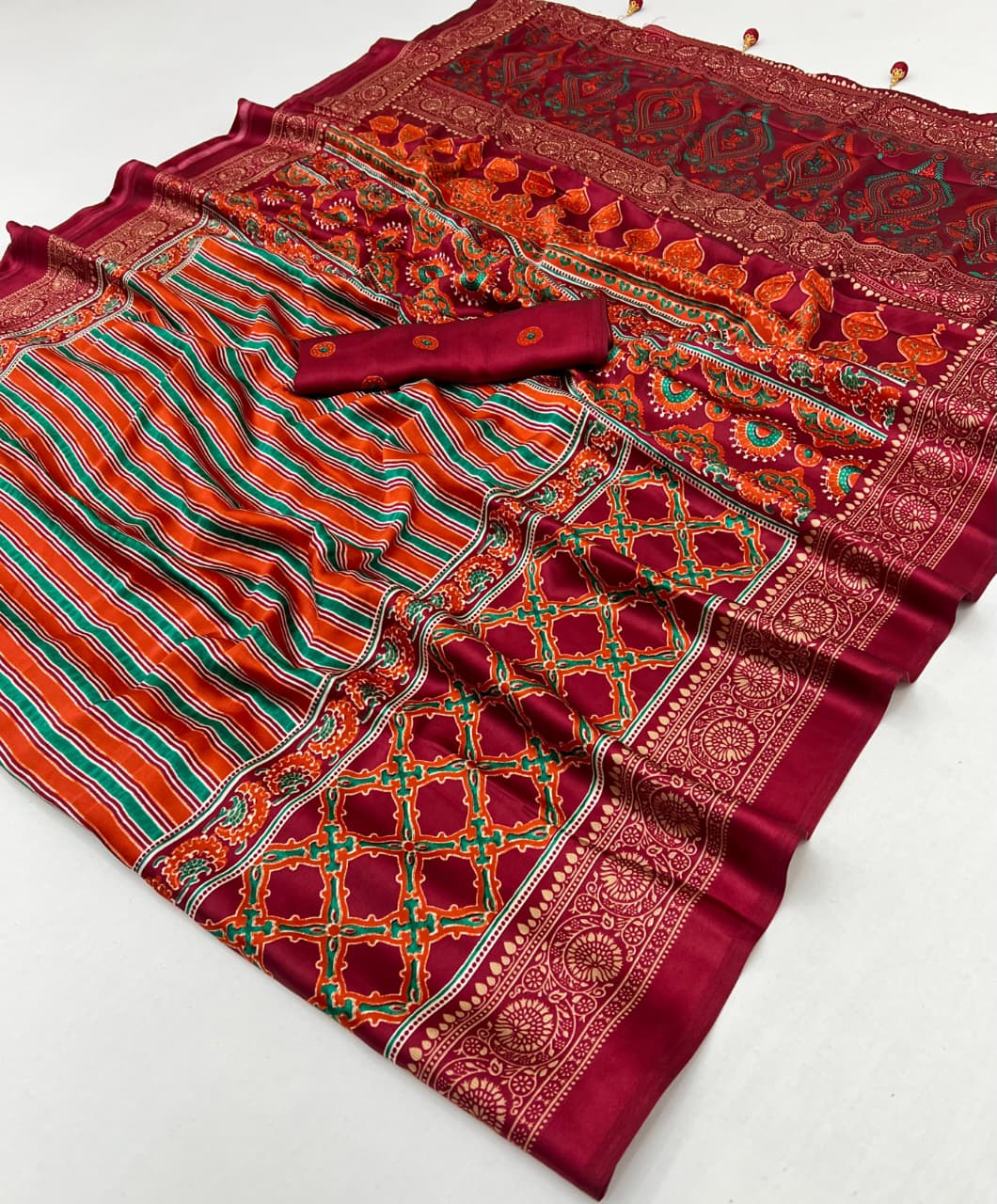 Red Stripe Crepe Silk Ready To Wear/Easy Saree