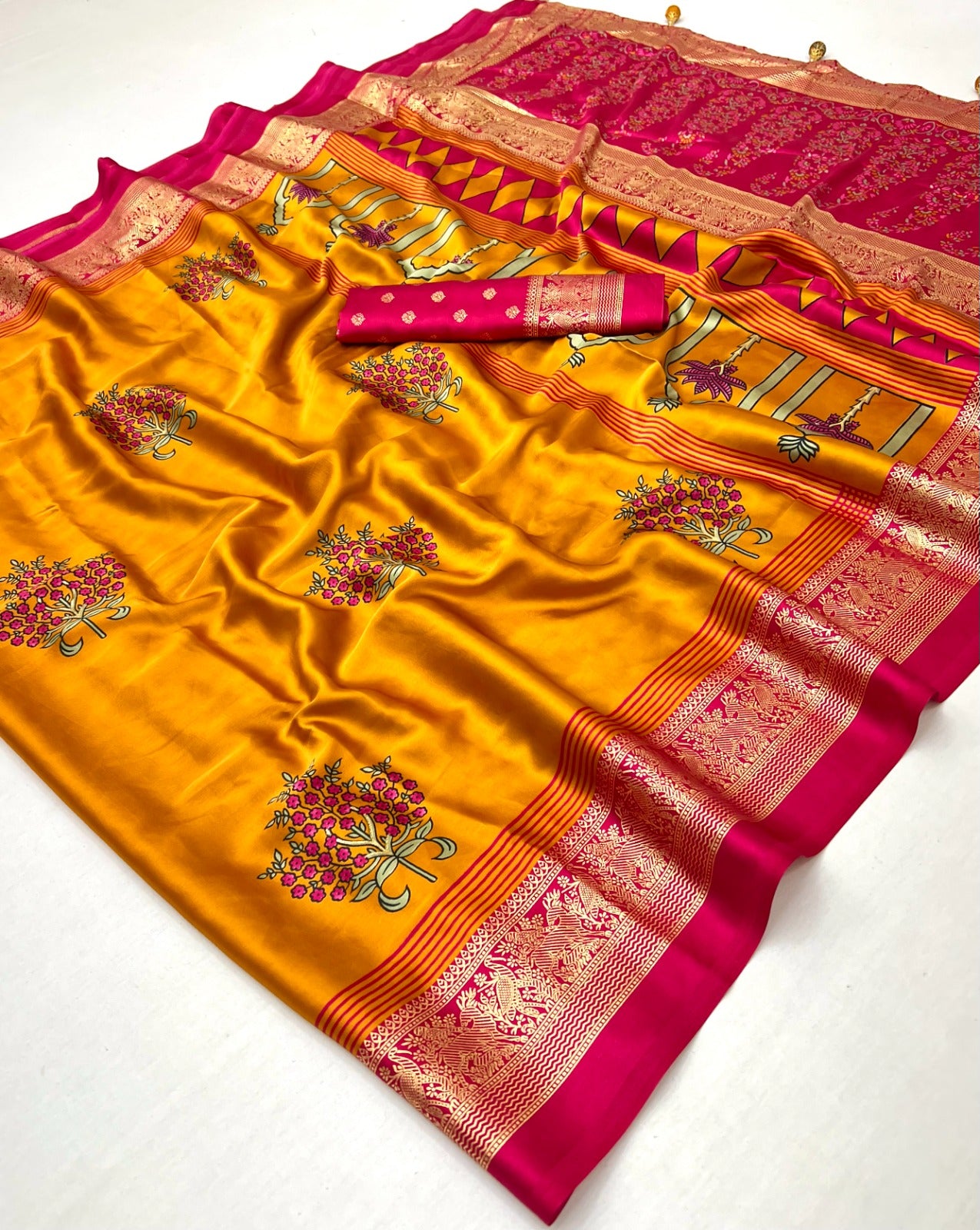 Mustard Yellow Crepe Silk Ready To Wear/Easy Saree