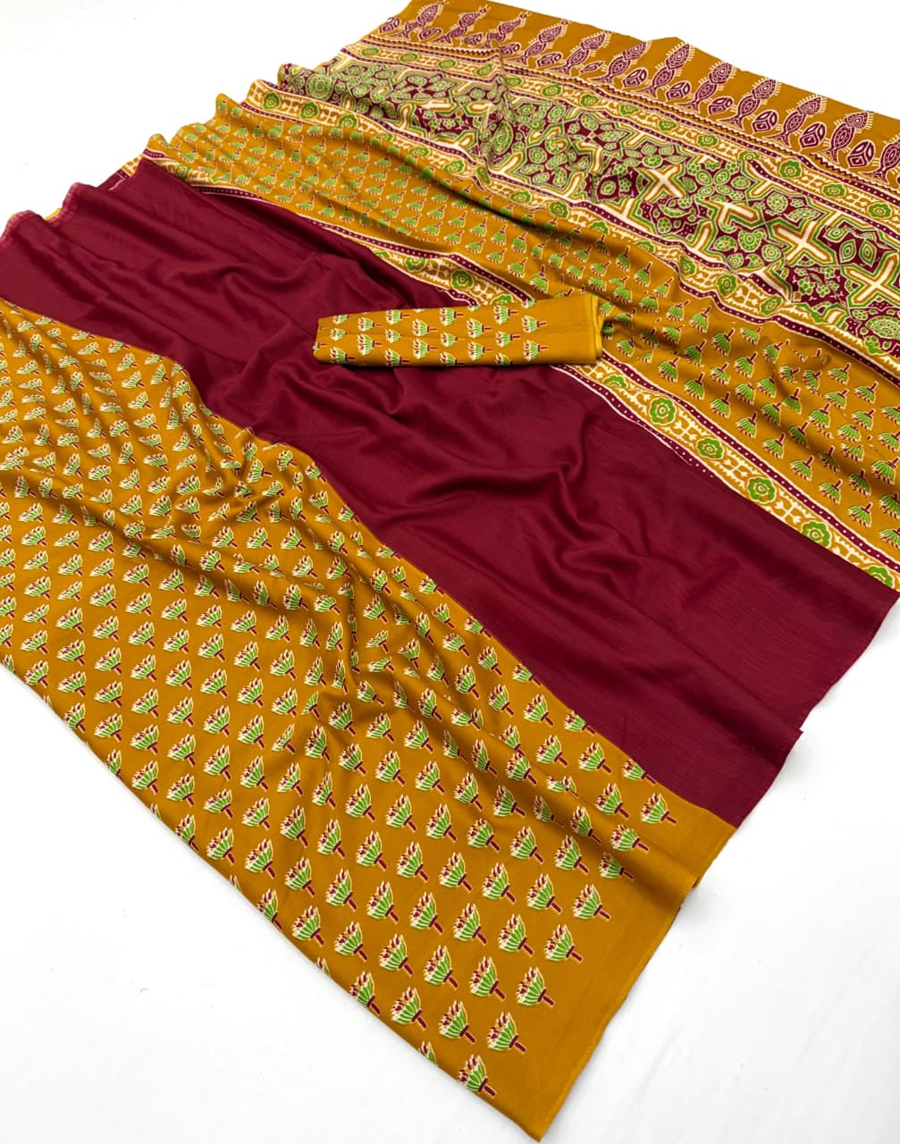 Red & Mustard Yellow Crepe Silk Ready To Wear/Easy Saree