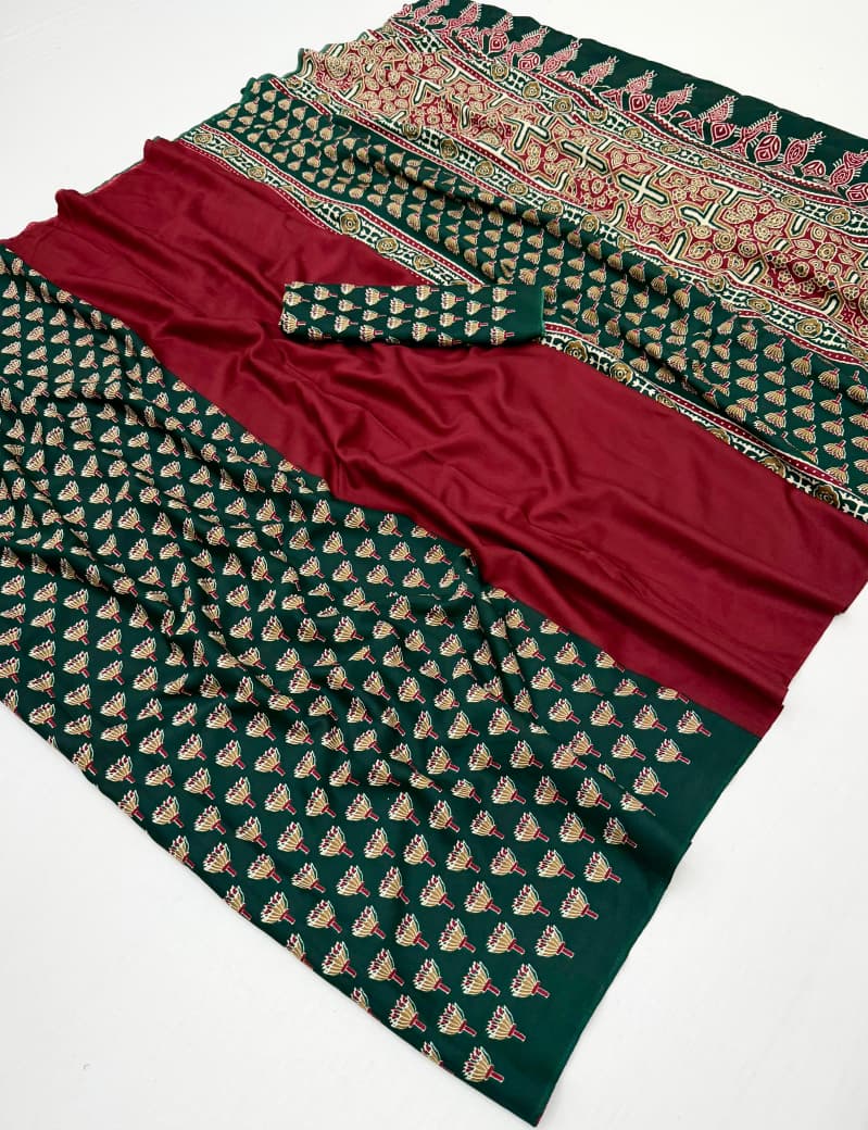 Red & Green Crepe Silk Ready To Wear/Easy Saree