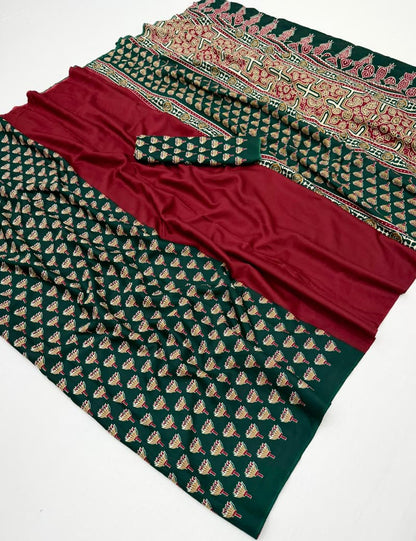 Red & Green Crepe Silk Ready To Wear/Easy Saree