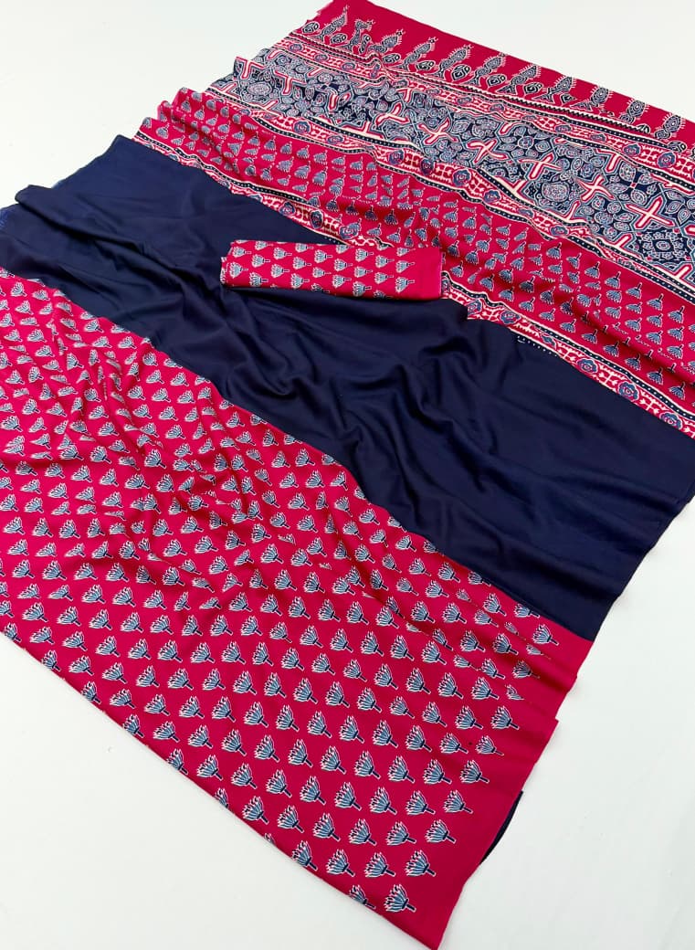 Navy Blue & Bright Pink Crepe Silk Ready To Wear/Easy Saree