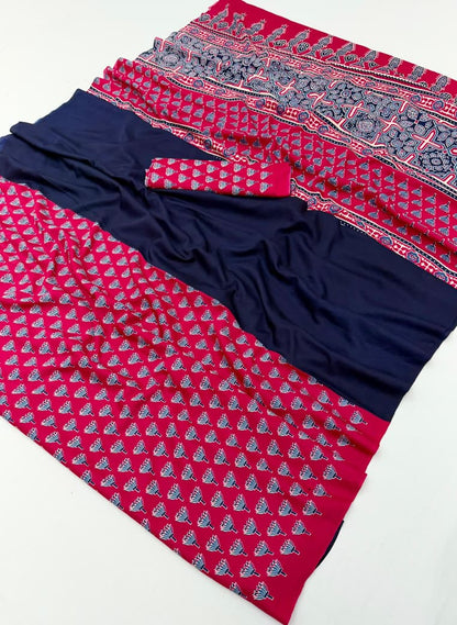 Navy Blue & Bright Pink Crepe Silk Ready To Wear/Easy Saree