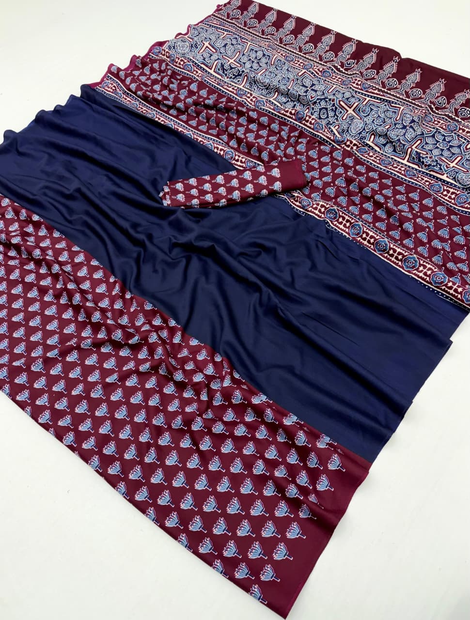 Navy Blue & Magenta Crepe Silk Ready To Wear/Easy Saree
