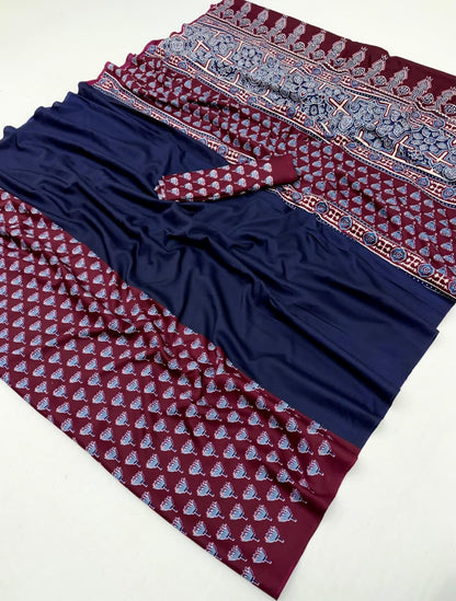 Navy Blue & Magenta Crepe Silk Ready To Wear/Easy Saree