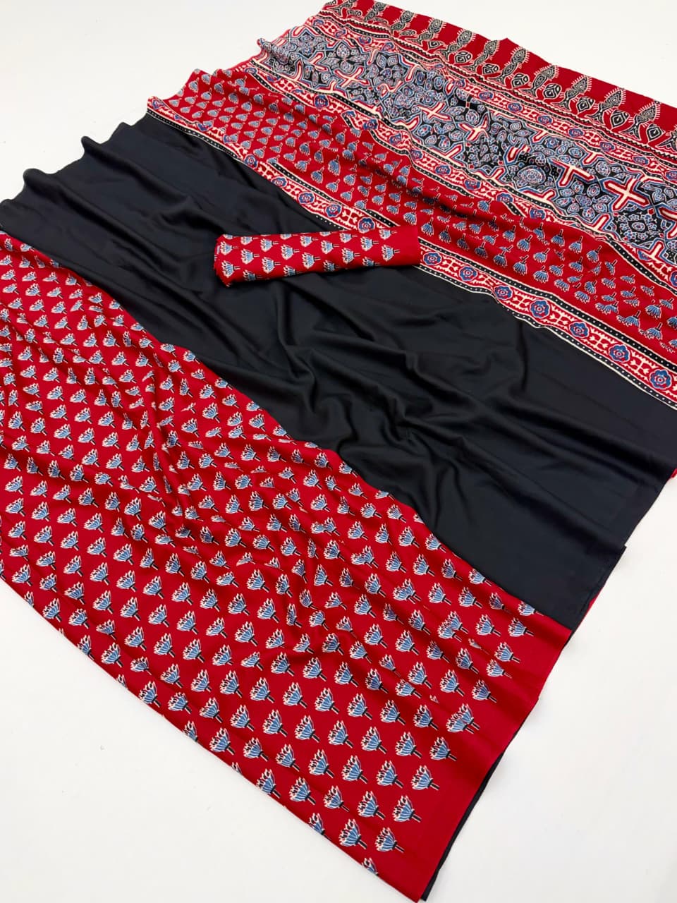 Black & Red Crepe Silk Ready To Wear/Easy Saree