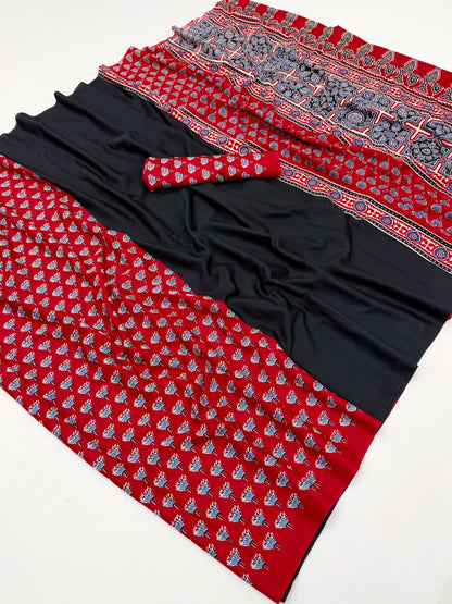 Black & Red Crepe Silk Ready To Wear/Easy Saree