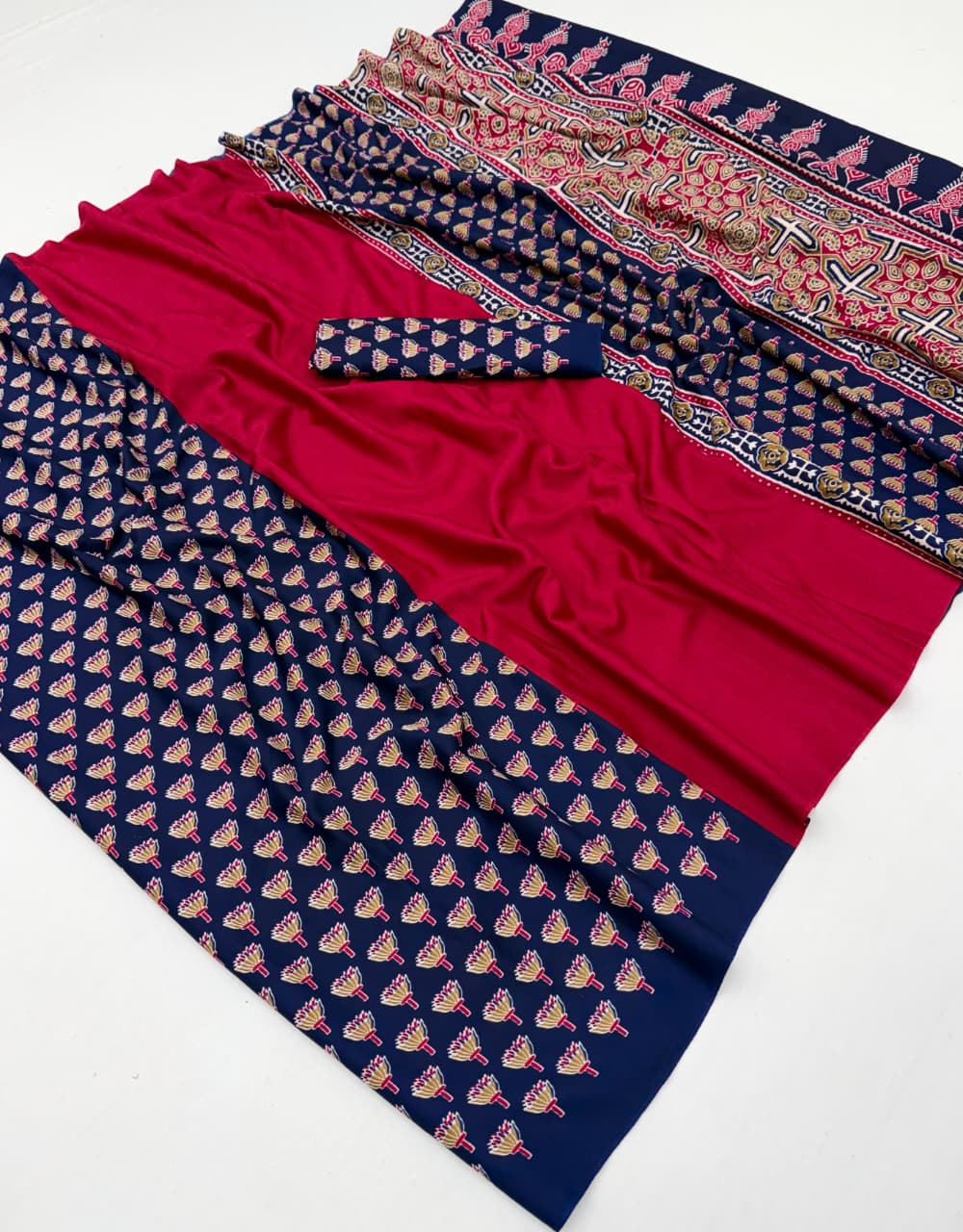 Fuchsia & Navy Blue Crepe Silk Ready To Wear/Easy Saree