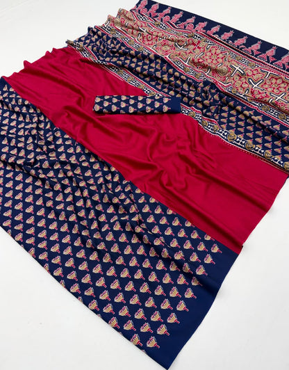 Fuchsia & Navy Blue Crepe Silk Ready To Wear/Easy Saree