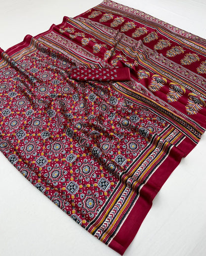 Red Modal Satin Ready To Wear/Easy Saree - Panaash Saree