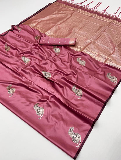Rose Pink Satin Silk Ready To Wear/Easy Saree