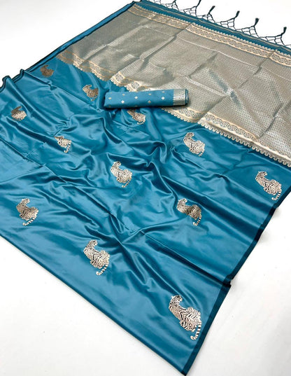 Teal Blue Satin Silk Ready To Wear/Easy Saree