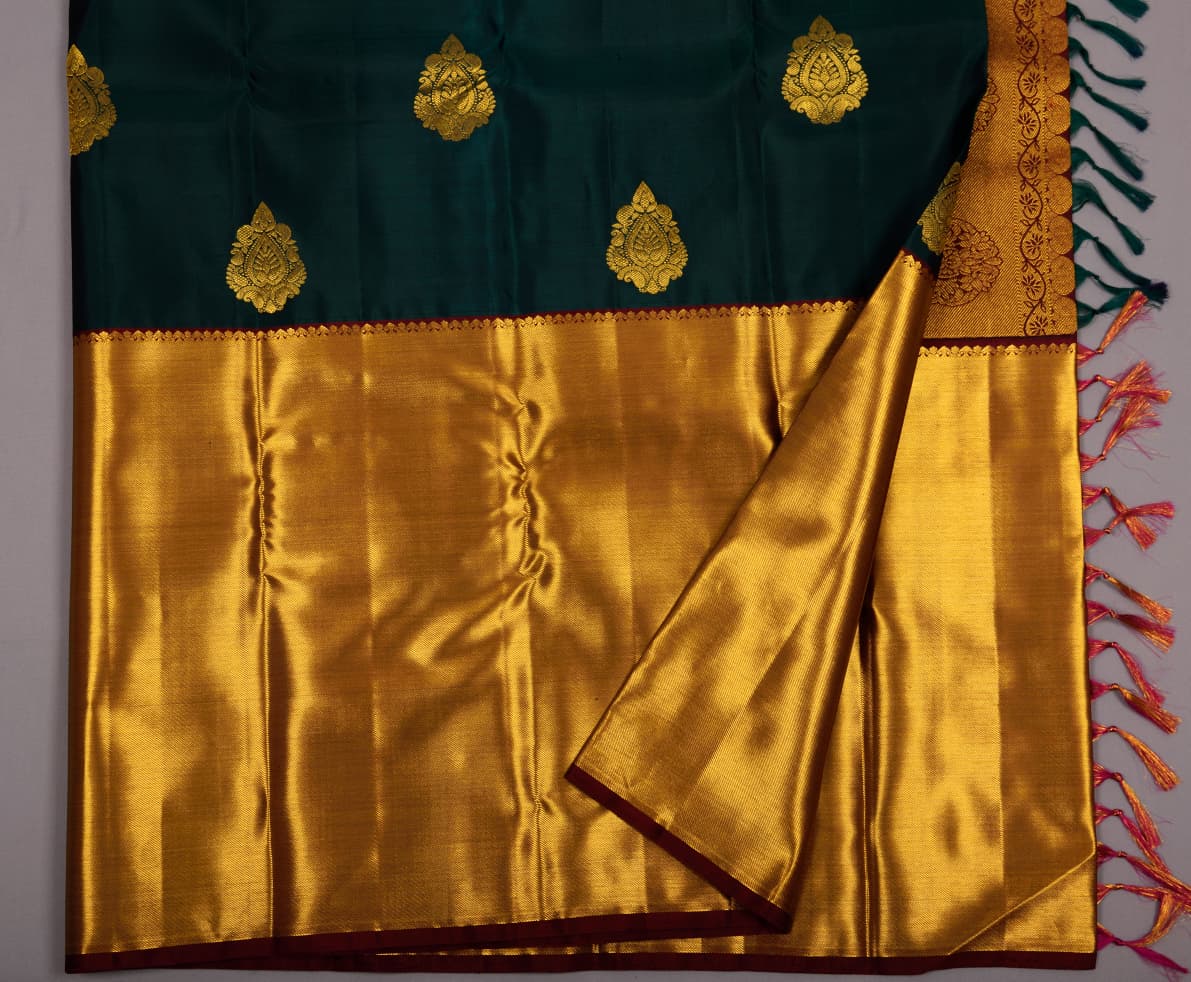 Bottle Green Color Handmade Kanchipuram Pure Silk Custom Sized Ready To Wear Saree - Panaash Saree